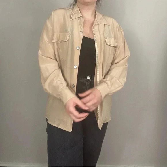 VINTAGE Tan Silk Button Down Shirt with Embroidered Details - Picture 3 of 9